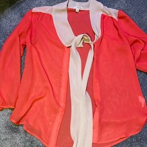 Women’s LILY WHITE blouse size medium, pinkish/red with tan trim and neck tie